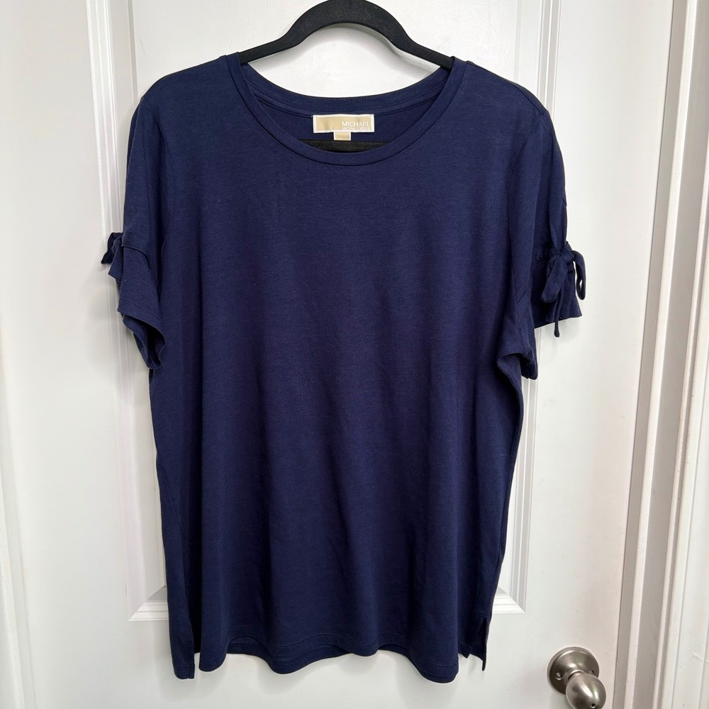 NWT Michael Kors True Navy Tie Sleeve Knit Top Crew Neck Blouse Size XL Basic